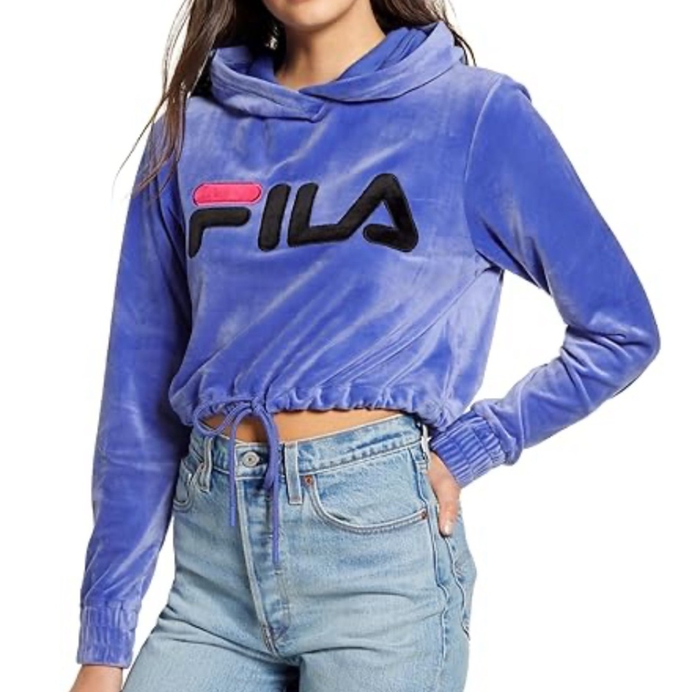 Fila Velour Ladies Crop Drawstring Blue‎ Hoodie Size Small